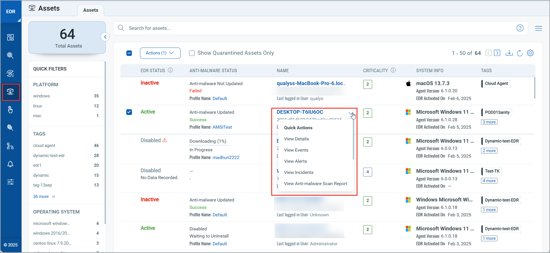 Quick Actions Menu of the Assets page. 